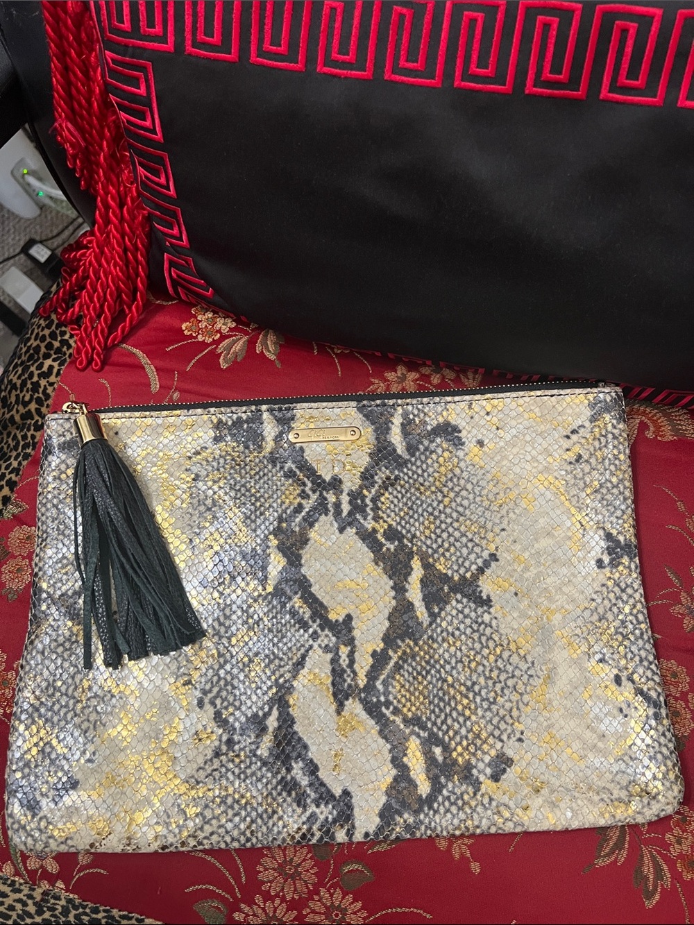 Snake-Print Metallic Accent Clutch in Gold and Gray